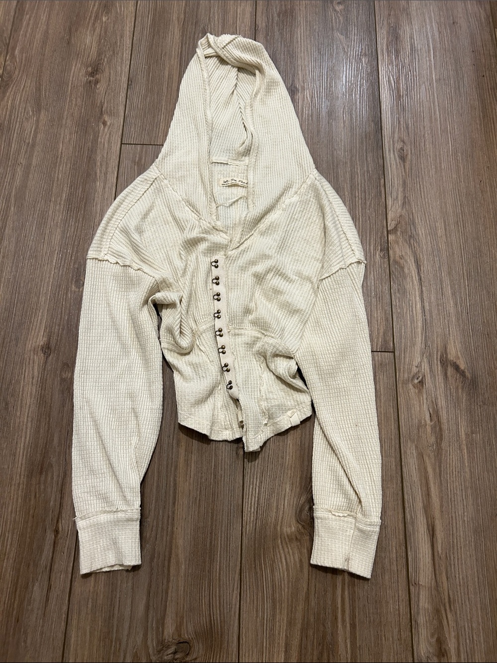 We The Free Cream Hooded Waffle Button-Front Top